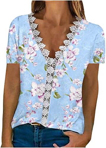 Ženski modni proljetni ljetni tiskani kratki rukavi čipka od čipke bluza v-izrez casual bluza