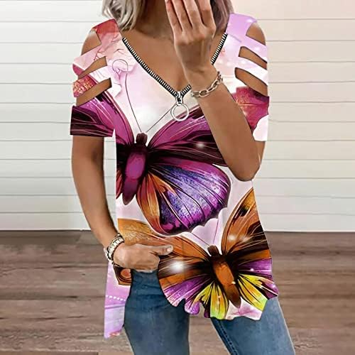 Ljetni vrhovi za žene, ženske hladne majice ramena labave fit s kratkim rukavima modne majice s modnim majicama