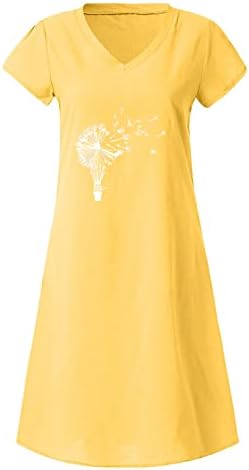 Ženske pamučne i lanene haljine Suncokret print kratki rukavi midi haljine sakrij trbuh labav v vratna majica haljina 2023 moda