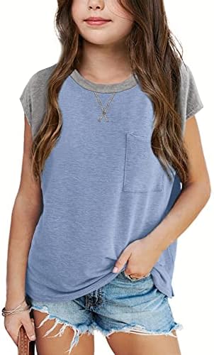 Ljetne majice za djevojčice, ležerni Raglan vrhovi s okruglim vratom s kratkim rukavima i džepom