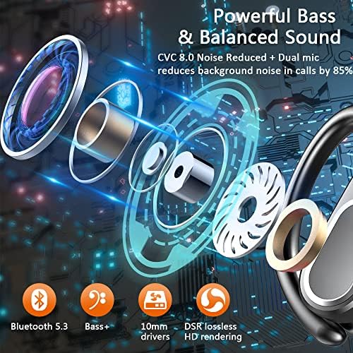 Bežični uši, Sport Bluetooth 5.3 Slušalice s ušima, bežične slušalice s dvostrukim uronjenim zvukom MIC -a, IP7 vodootporni Bluetooth