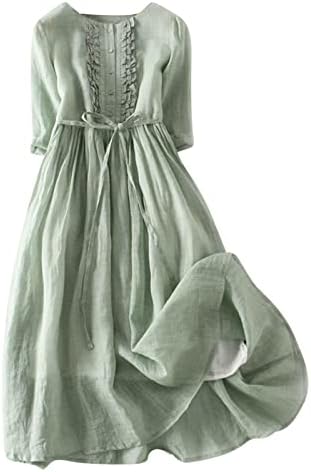 Ženska vintage pamučna lanena haljina Frill Trim gumb dolje 3/4 rukava casual midi haljine Ljetno labava protočna sunčanica