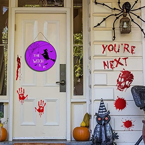 Halloween viseći dobrodošli u okrugli znak, vještica je u znaku viseći plakovi za vrata prozora bar kuhinja ukrasi za haloween 12 inča