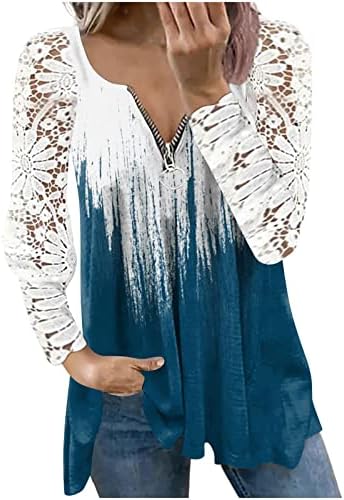 Čipkasti crochet vrhovi za žene zip up v vrat majice tiskane grafičke majice haljine bluze majice s dugim rukavima ljetni majica vrh