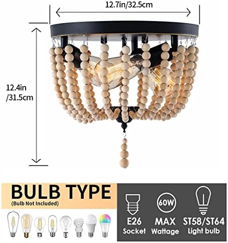 Ugradbena stropna svjetiljka s drvenim perlicama s 3 svjetla Boho luster od drvenih perli Vintage svjetla za hodnik, predsoblje, spavaću
