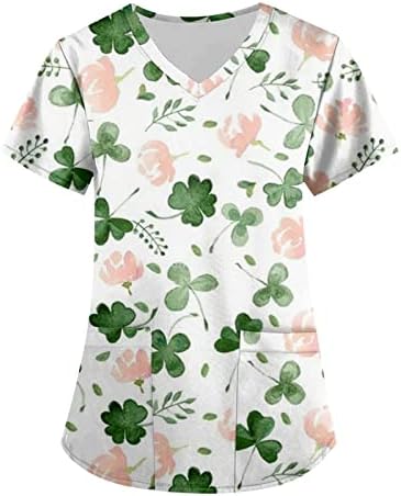 Trebin majice košulje za žene, ženski modni V-izrez kratki rukavi s džepovima St. Patrick's Day Tiskani vrhovi