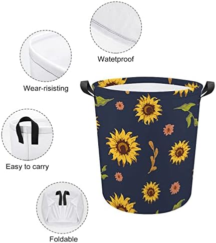 Okrugla košara za rublje sa suncokretom u akvarelu sklopive vodootporne košare za prljavu odjeću s ručkama torba za odlaganje rublja