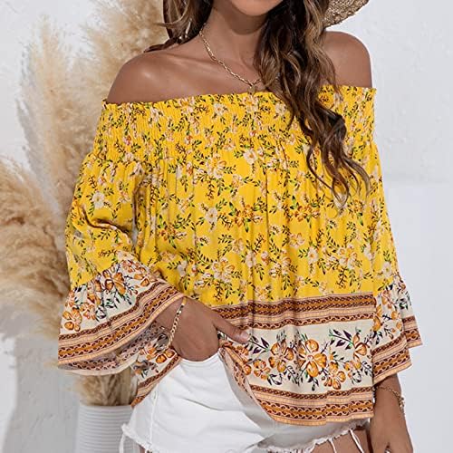 S vrhova ramena za žene 3/4 zvonastog ljeta ljetni vintage boemska majica plaža casual cvjetna tunika bluza bluza