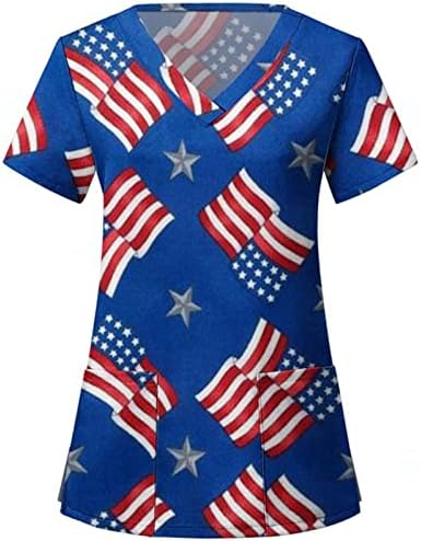 Majica 4. srpnja za žene s američkom zastavom, ljetna majica kratkih rukava s izrezom u obliku slova U, bluze s 2 džepa, svečana ležerna