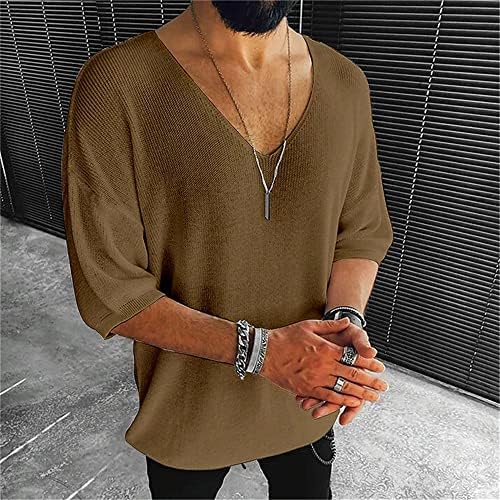 Muškarci plus veličina šuplje pletene kratke rukave ljeto duboki v vrat labava majica u boji nisko izrezana rastezljiva tee vrh