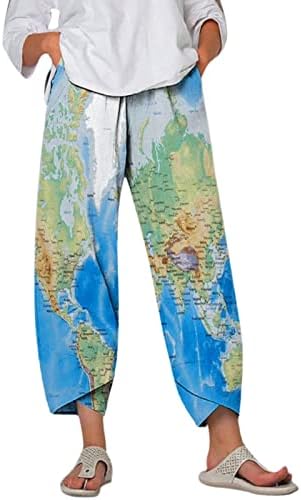 Lmsxct capri hlače za žene na svijetu mapa tiskaju elastični struk pamučne lanene hlače labave široke noge obrezane hlače s džepovima