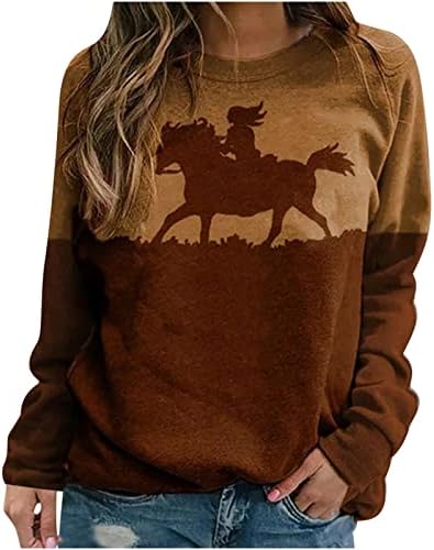 Žene 3d konjska grafička dukserica vintage uljana boja tisak ogubljena majica klasična pulover posade casual dugi rukav vrh dugih rukava