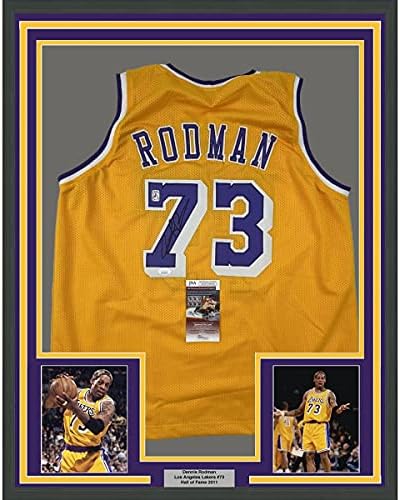 Uokvireni autogramirani/potpisani Dennis Rodman 33x42 Los Angeles La Yellow Basketball Jersey JSA CoA 2