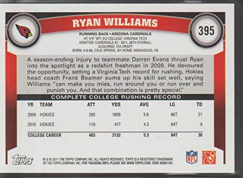 2011. Topps Football Card 395 Ryan Williams RC - Arizona Cardinals NFL Trading Card