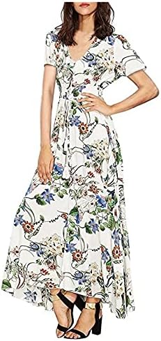 Ženska duga Maksi haljina u boemskom stilu s cvjetnim printom, elegantna sundress s kratkim rukavima i dekolteom u obliku slova u,