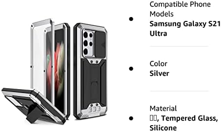 Metalni silikon kompatibilan sa Samsung Galaxy S21 Ultra 6,8 inčni zaštita od kamere zaštite od teške zaštite od teške zaštite od staklenih