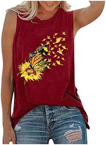 Oplxuo ženski suncokret leptir grafički tenk majice Ljeto plus majice majice bez rukava smiješni tisak casual vrhova bluza
