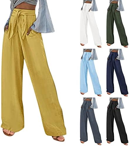 Ljeto povremeni pamučni lane široke nogu hlača Žene s lanenim hlačama visokog struka s džepovima Baggy Solid Color Lounge Beach hlače