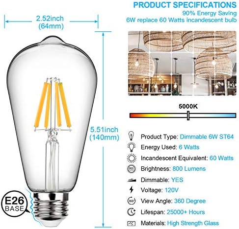 10 komada Edison led žarulja s mogućnošću zatamnjivanja, Dnevna bijela 5000K ekvivalent 60 vata, 6 vata, Visoka svjetlina 800 lumena,