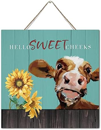 Pozdrav slatkim obrazima Utvrđeni drveni znak inspirativni kuhinjski zid umjetnost dekor drveni natpisi obojeni krava suncokret Wood