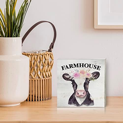 Farmhouse krava drvena kutija Znak kuće ukras rustikalna seoska krava drvena kutija Blok plak za zidni stol za stol ukras kuće